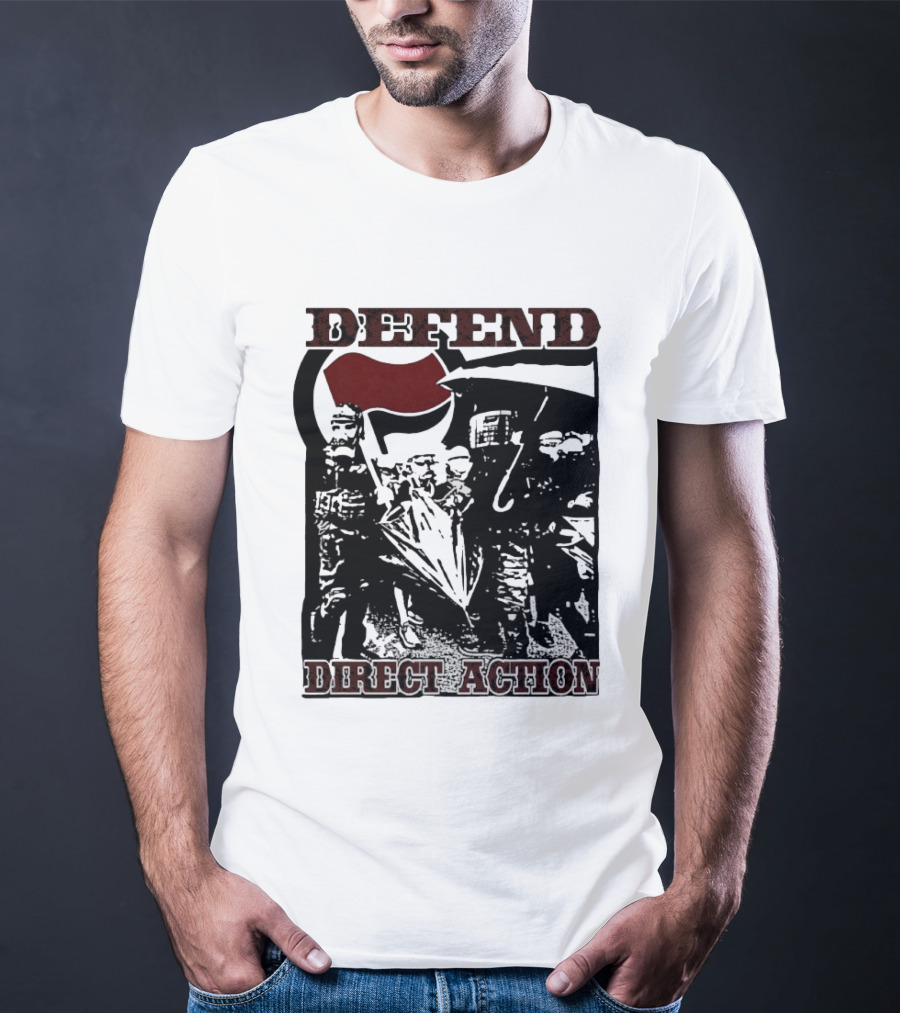 Defend Direct Action Antifa Protest Imagery With Red Flag Iconography T-Shirt