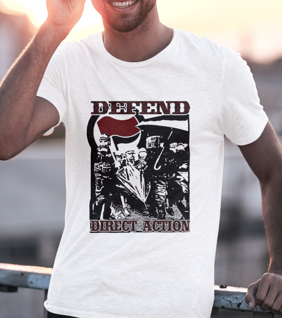 Defend Direct Action Antifa Protest Imagery With Red Flag Iconography T-Shirt