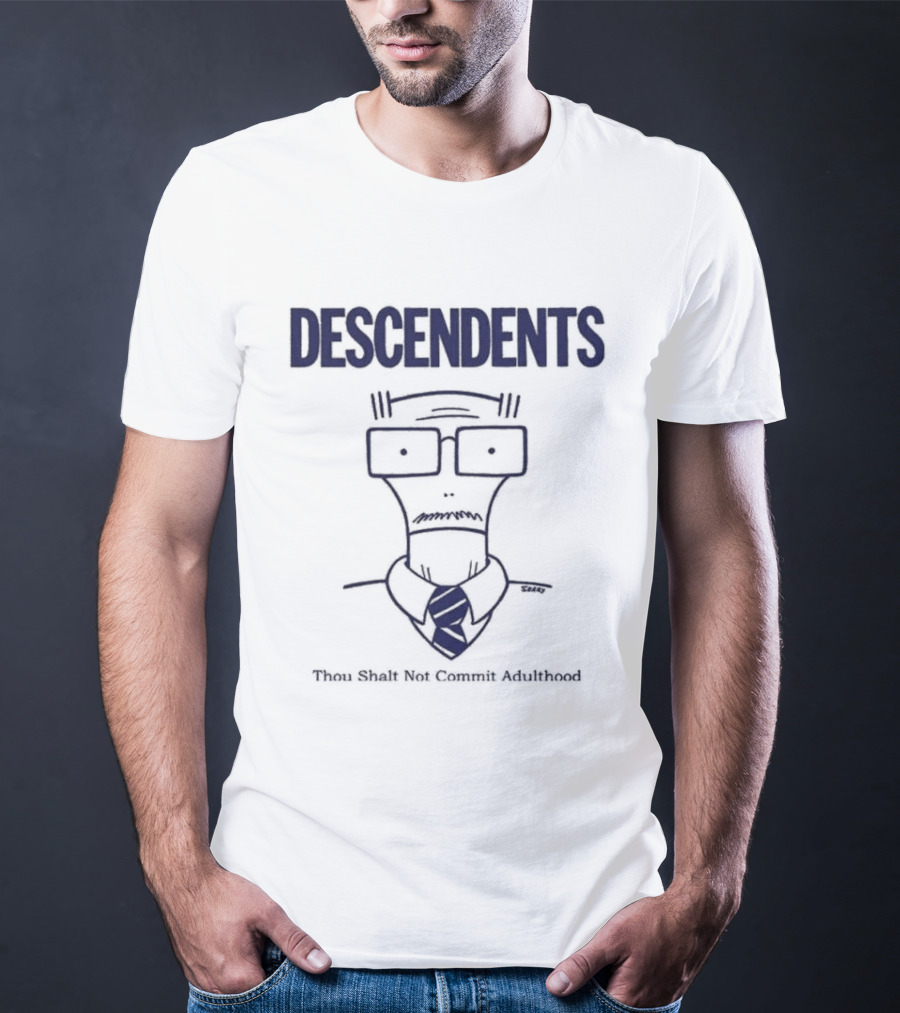 Descendents Thou Shall Not Commit Adulthood Cartoon Character With Glasses And Tie T-Shirt