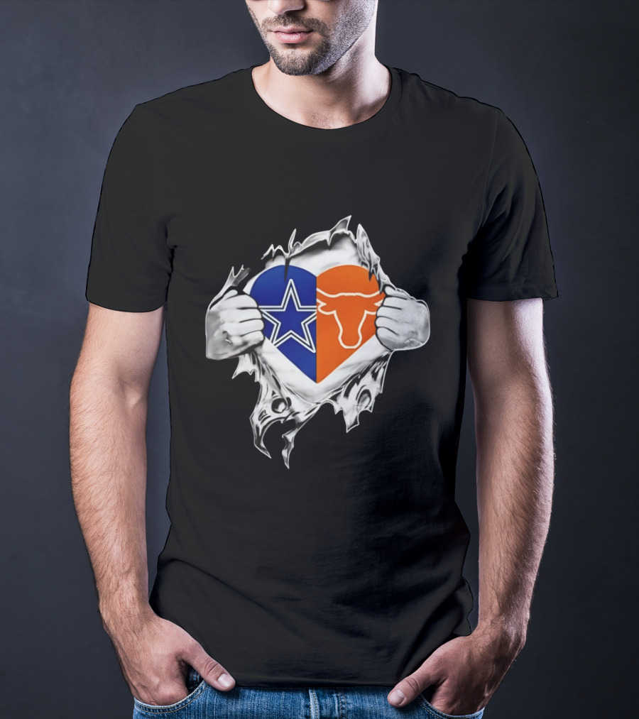 Dallas Cowboys And Texas Longhorns Heart Symbol Tearing T-Shirt
