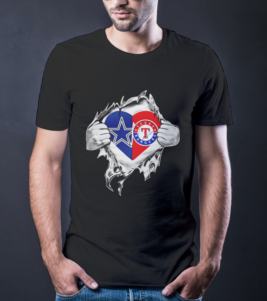 Dallas Cowboys Texas Rangers Heart Torn Open Sports T-Shirt