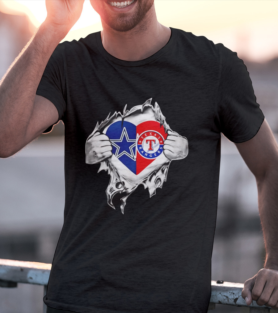 Dallas Cowboys Texas Rangers Heart Torn Open Sports T-Shirt