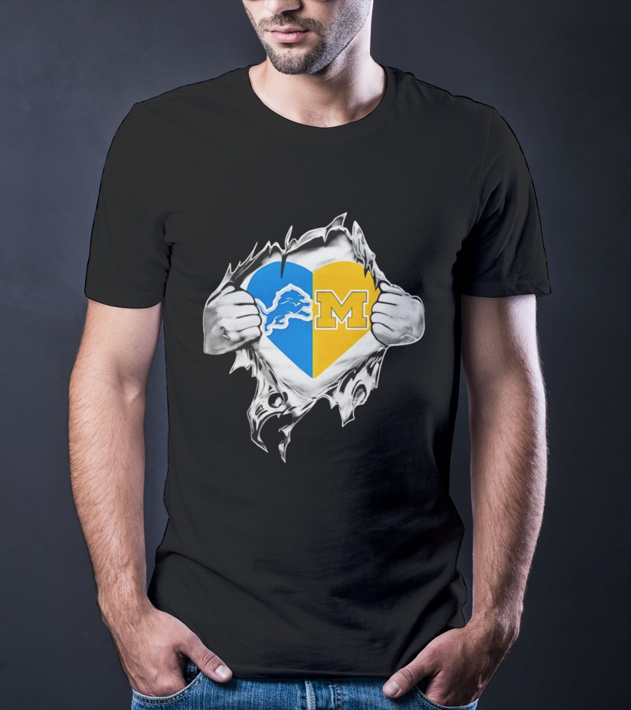 Detroit Lions Michigan Wolverines Heart Torn Reveal T-Shirt