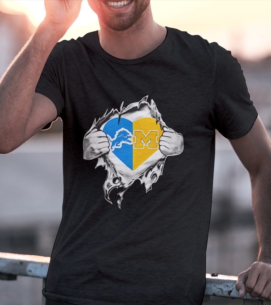Detroit Lions Michigan Wolverines Heart Torn Reveal T-Shirt