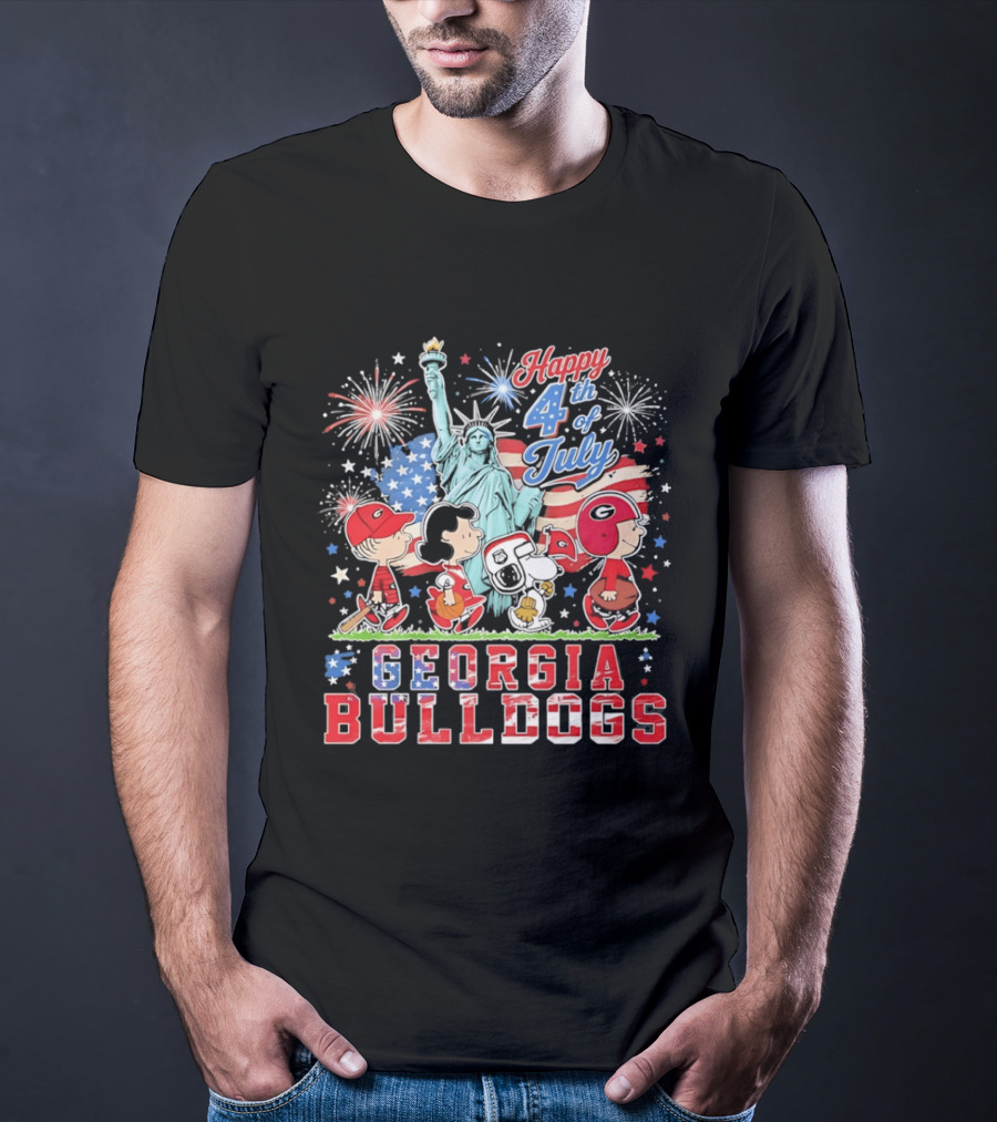 Georgia Bulldogs Snoopy Abbey Road Happy 4th Of July Statue Of Liberty Fireworks T-Shirt