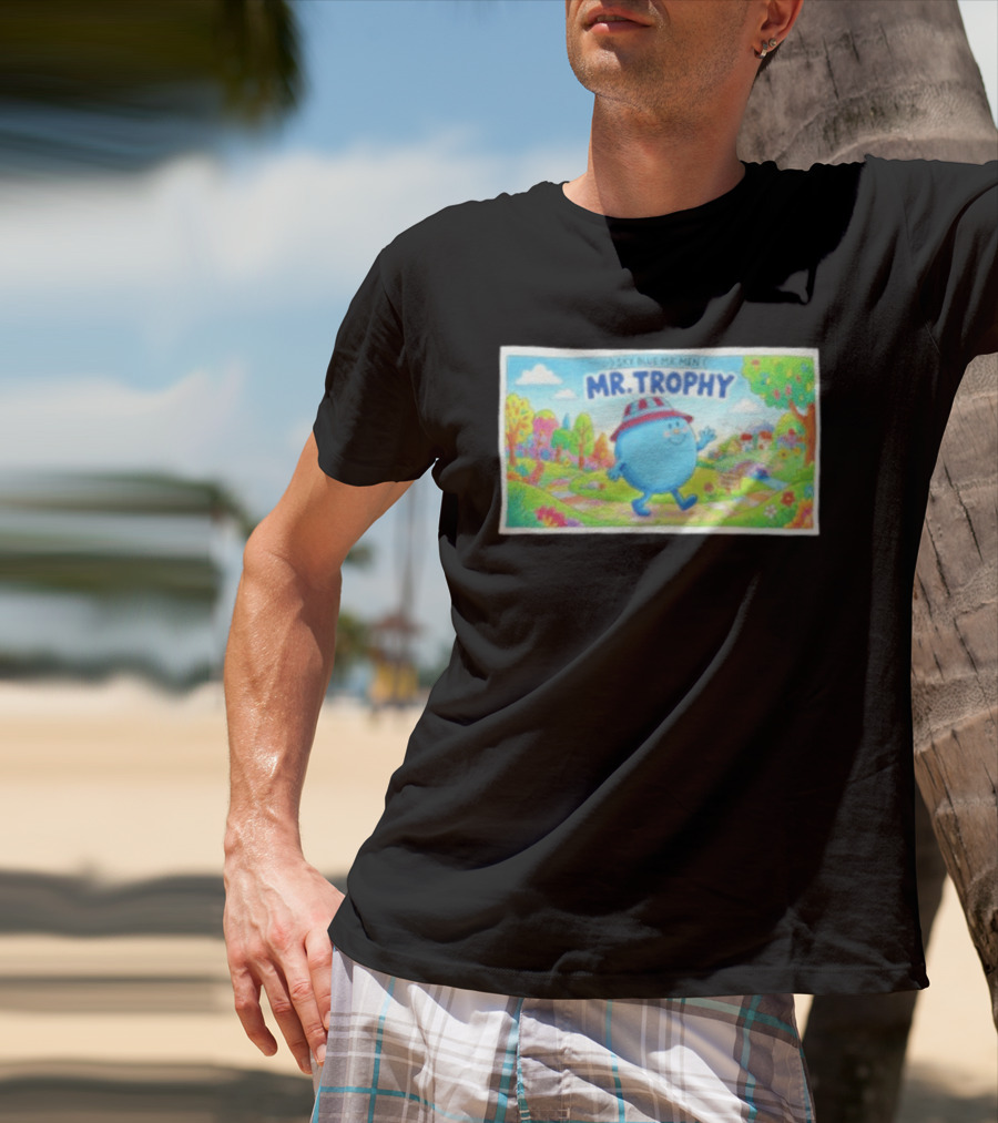 Sky Blue Mr. Men Mr. Trophy Character In Colorful Landscape Scene T-Shirt