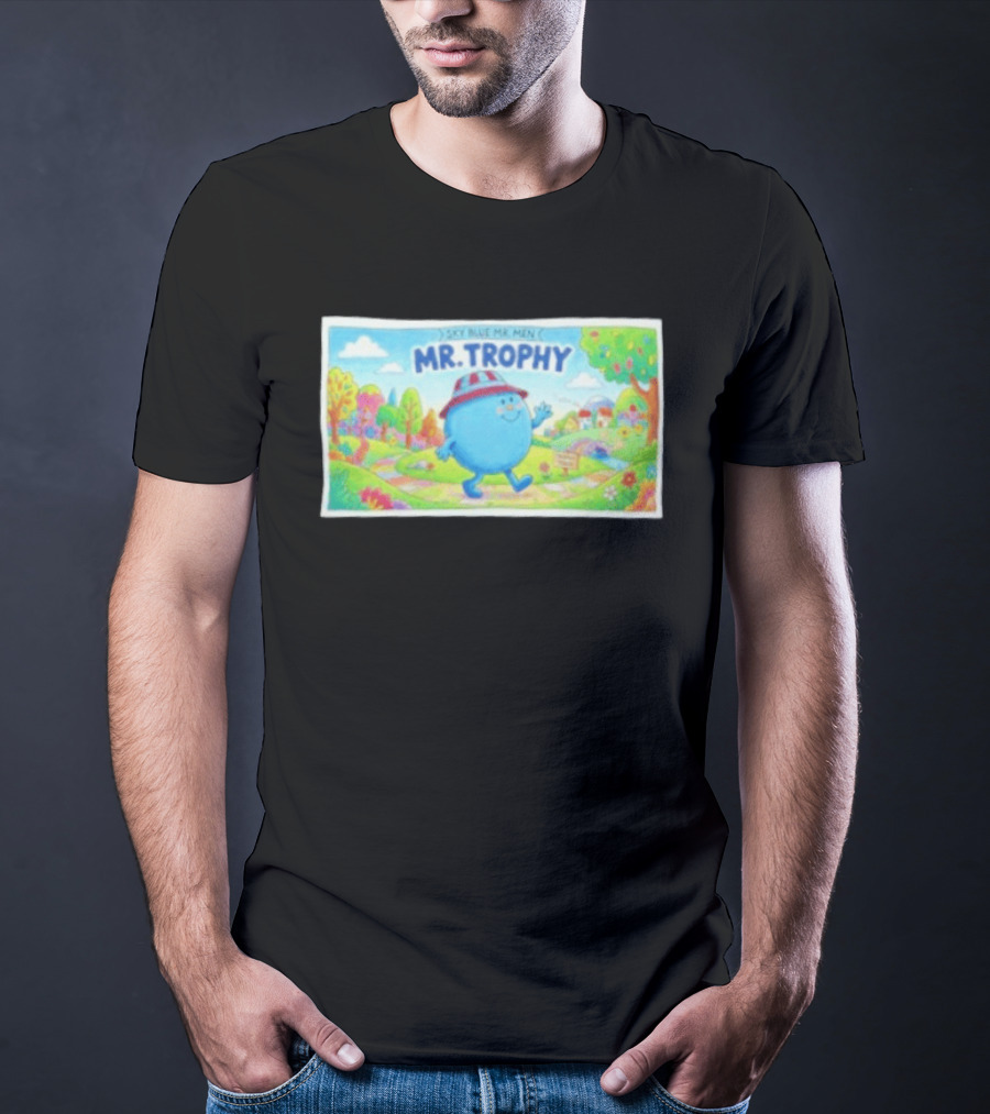 Sky Blue Mr. Men Mr. Trophy Character In Colorful Landscape Scene T-Shirt