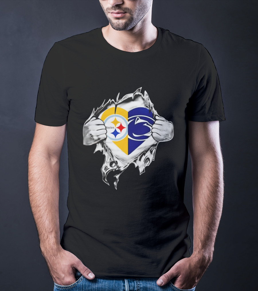 Steelers Penn State Heart Fan Logo Torn Fabric T-Shirt