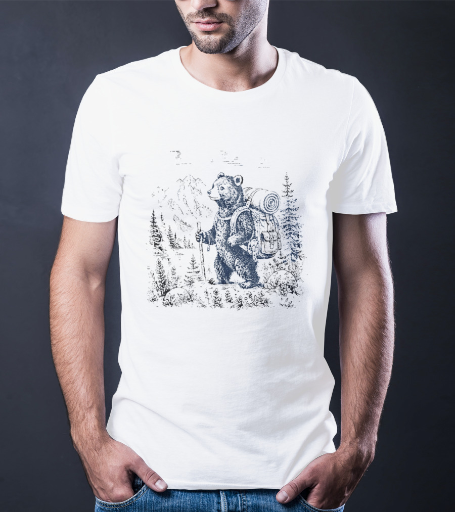 Hiking Bear Trekking Adventure With Backpack And Walking Stick Mountain Forest Scene T-Shirt