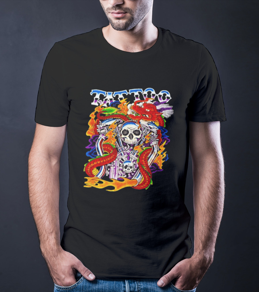 Tattoo Brand Dragon Skull Motorcycle Engine Flames T-Shirt