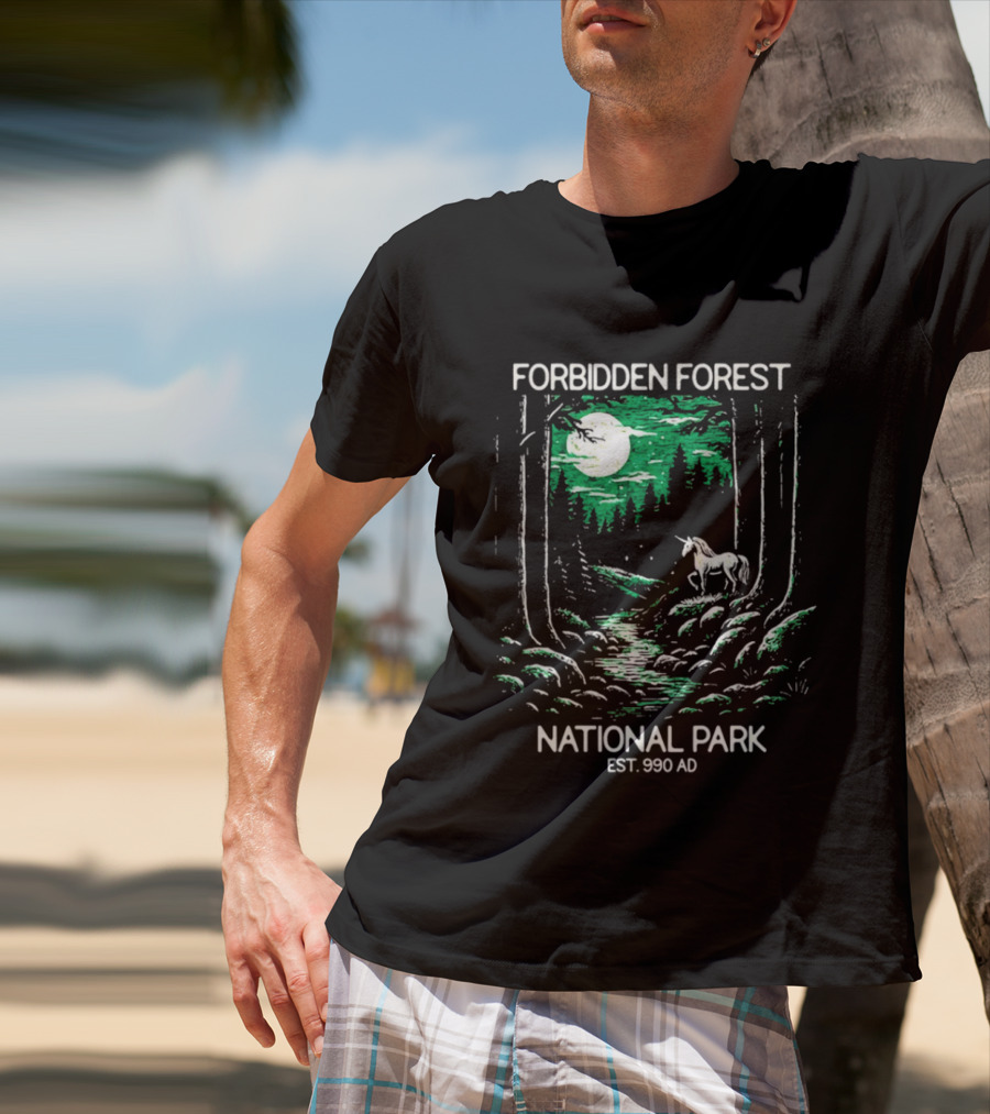 Forbidden Forest National Park Est 990 AD Moonlit Unicorn Scene T-Shirt