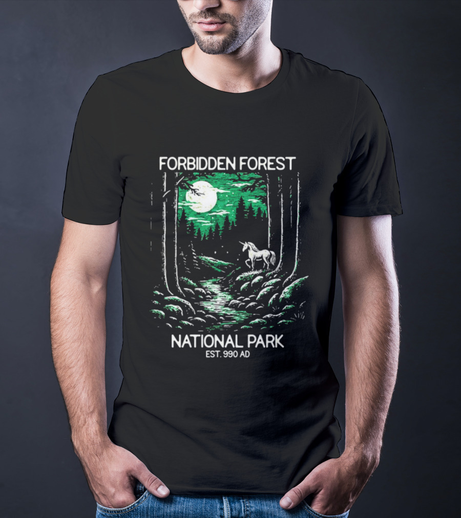Forbidden Forest National Park Est 990 AD Moonlit Unicorn Scene T-Shirt