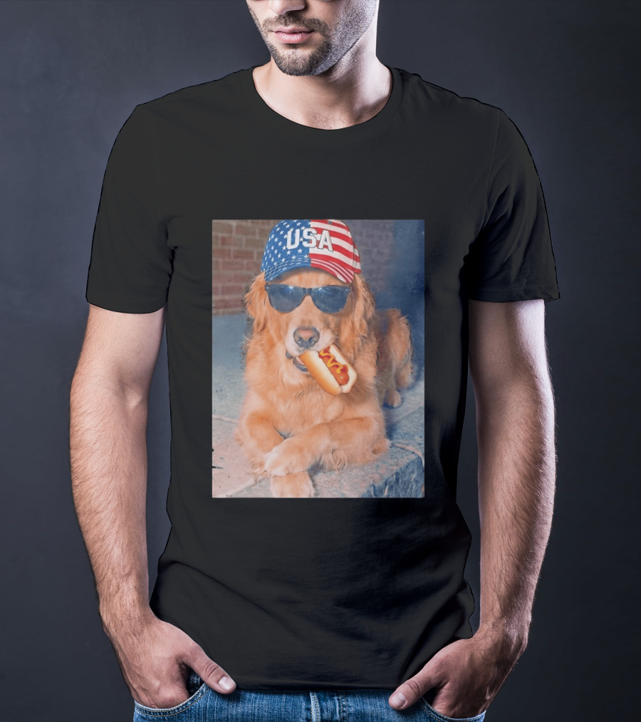 Golden Retriever With USA Hat Eating Hot Dog American Flag 4th Of July T-Shirt