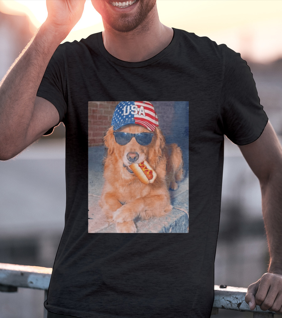 Golden Retriever With USA Hat Eating Hot Dog American Flag 4th Of July T-Shirt