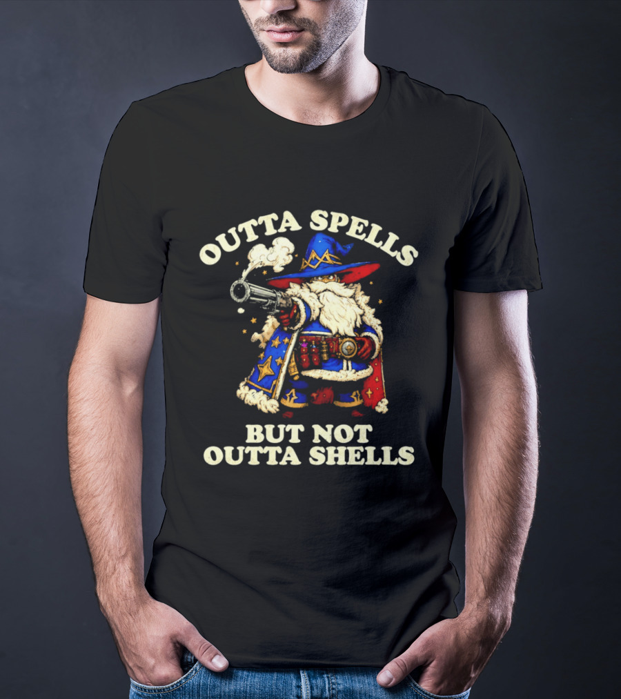 Outta Spells But Not Outta Shells Wizard With Shotgun Retro Magic Humor T-Shirt