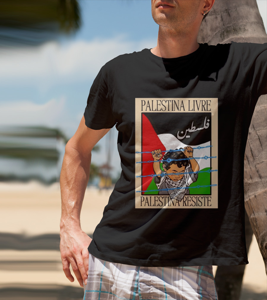 Palestina Livre Resistência Criança Frente Bandeira Arame Farpado T-Shirt