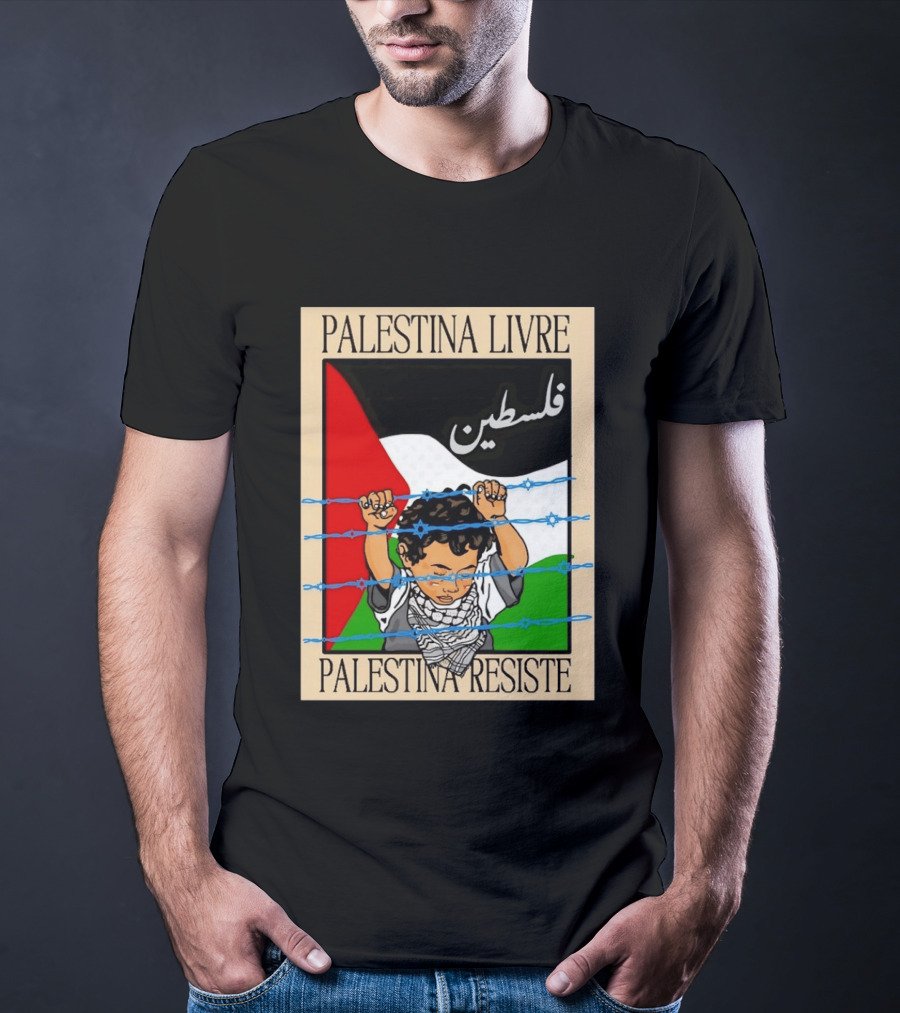 Palestina Livre Resistência Criança Frente Bandeira Arame Farpado T-Shirt