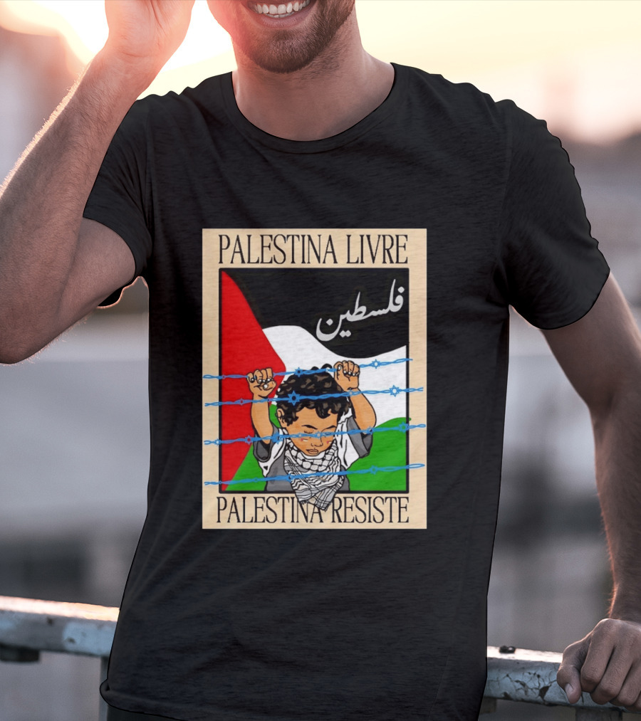 Palestina Livre Resistência Criança Frente Bandeira Arame Farpado T-Shirt