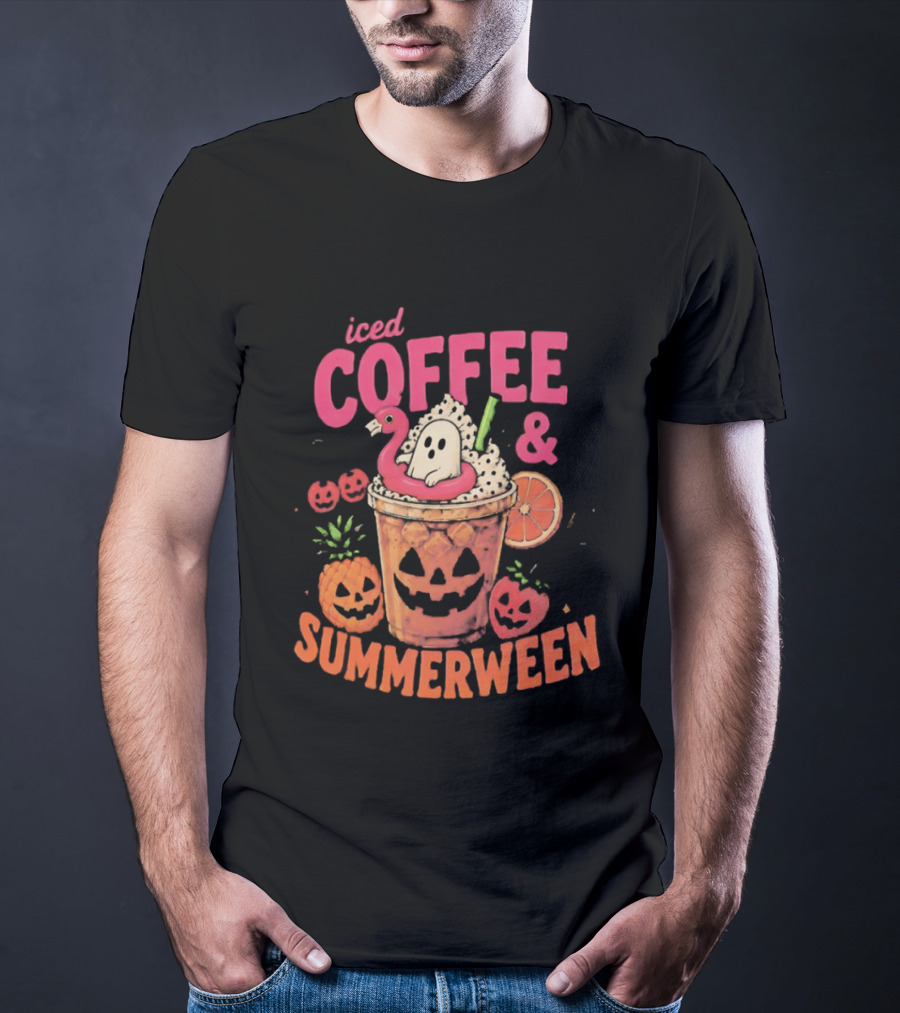 Iced Coffee And Summerween Spooky Tropical Fruit Halloween Jack O' Lantern Drink T-Shirt