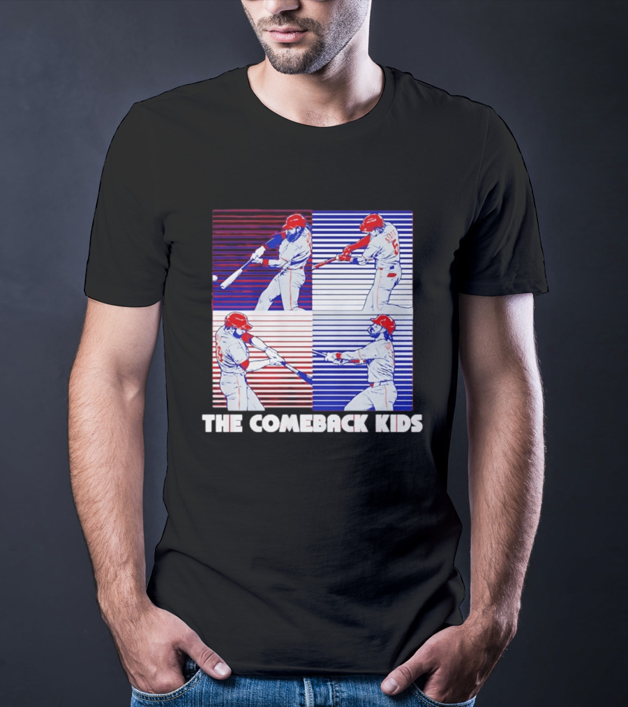 Philadelphia Phillies The Comeback Kids Striped Baseball Swinging Players T-Shirt