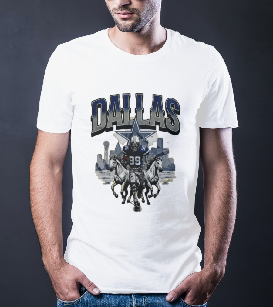 Dallas Cowboys Gameday Skeleton Football Player With Horses And Skyline T-Shirt