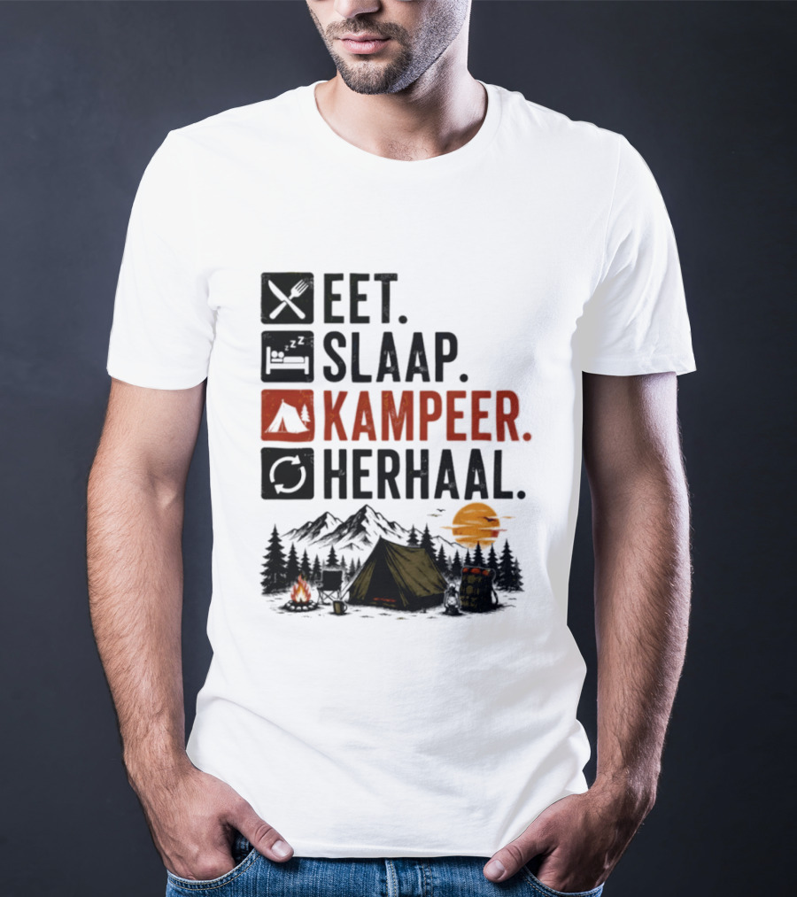 Eet Slaap Kampeer Herhaal Camping Tent Mountains Campfire Sunset T-Shirt