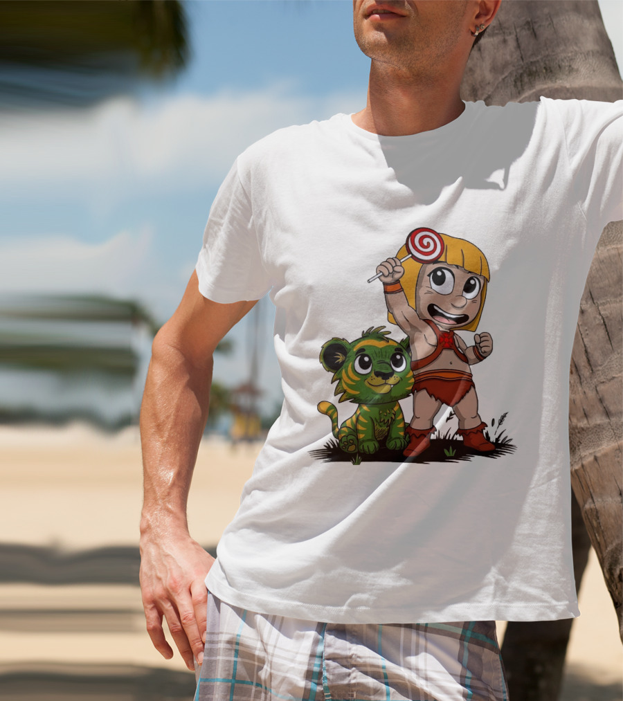 Jungle Kid Holding Lollipop With Playful Tiger Cub T-Shirt