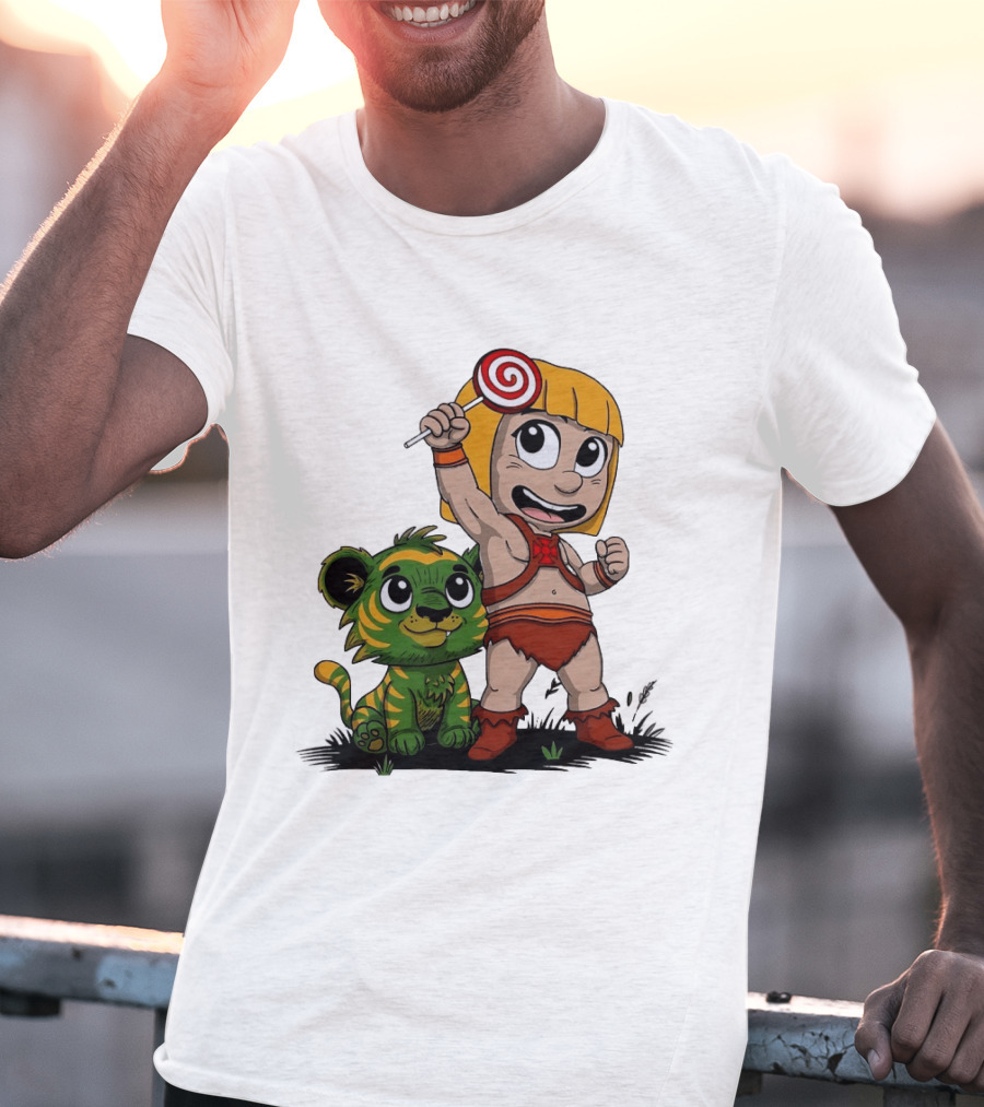 Jungle Kid Holding Lollipop With Playful Tiger Cub T-Shirt