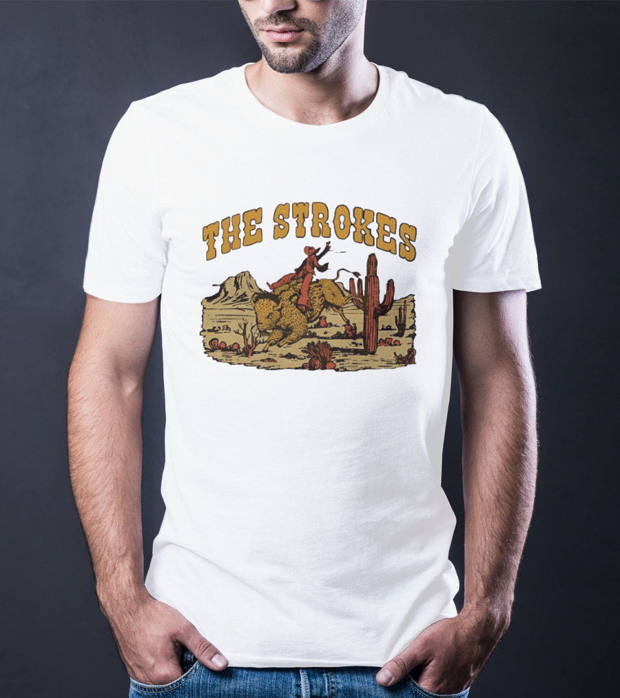The Strokes Cowboy Riding Cheetah Desert Scene Classic Western T-Shirt