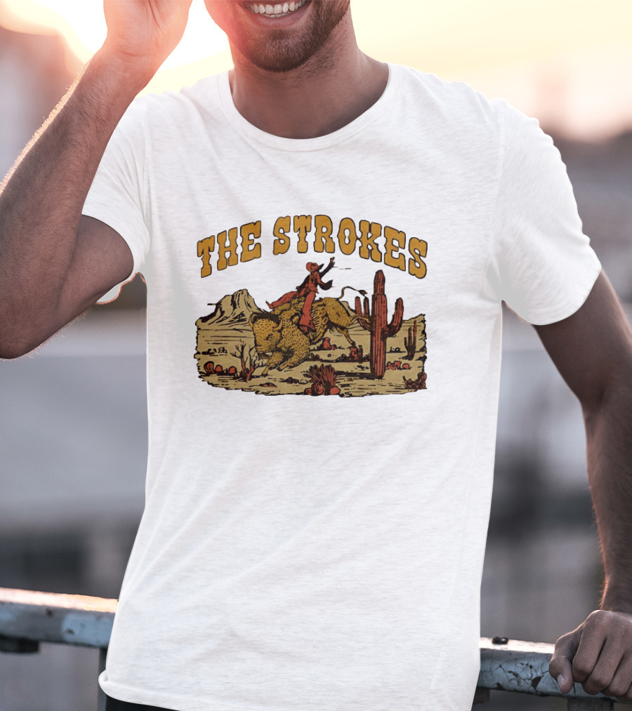 The Strokes Cowboy Riding Cheetah Desert Scene Classic Western T-Shirt