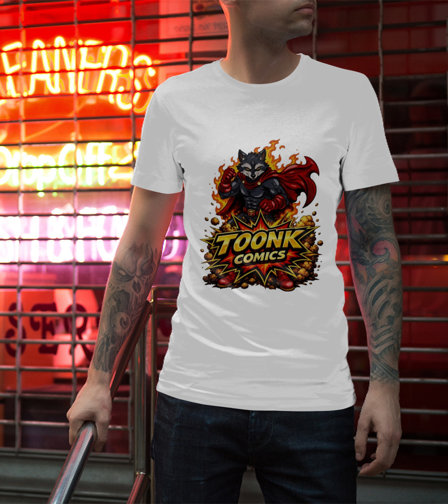 Toonk Comics Superhero Raccoon With Fiery Cape T-Shirt