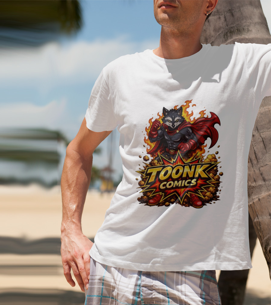 Toonk Comics Superhero Raccoon With Fiery Cape T-Shirt