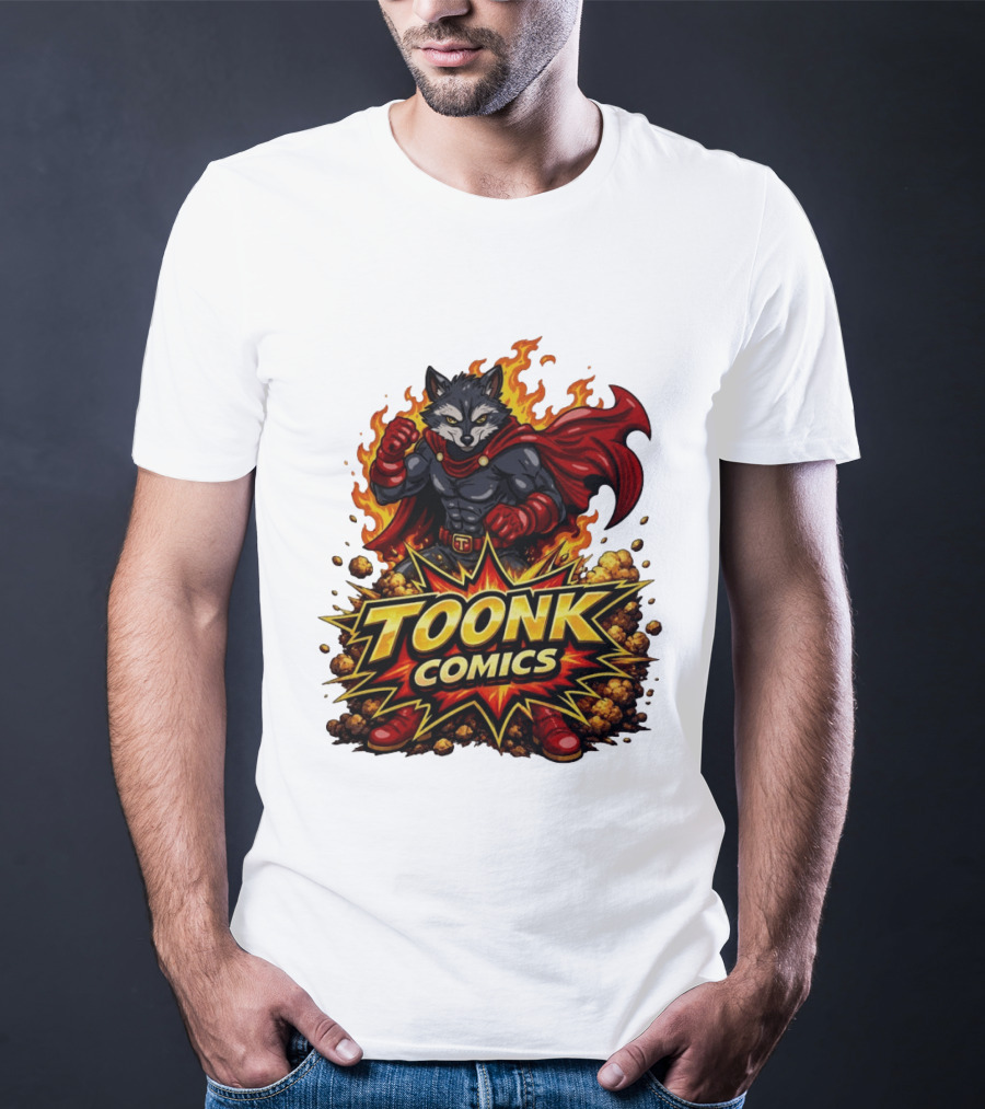 Toonk Comics Superhero Raccoon With Fiery Cape T-Shirt