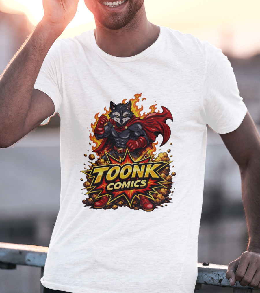 Toonk Comics Superhero Raccoon With Fiery Cape T-Shirt