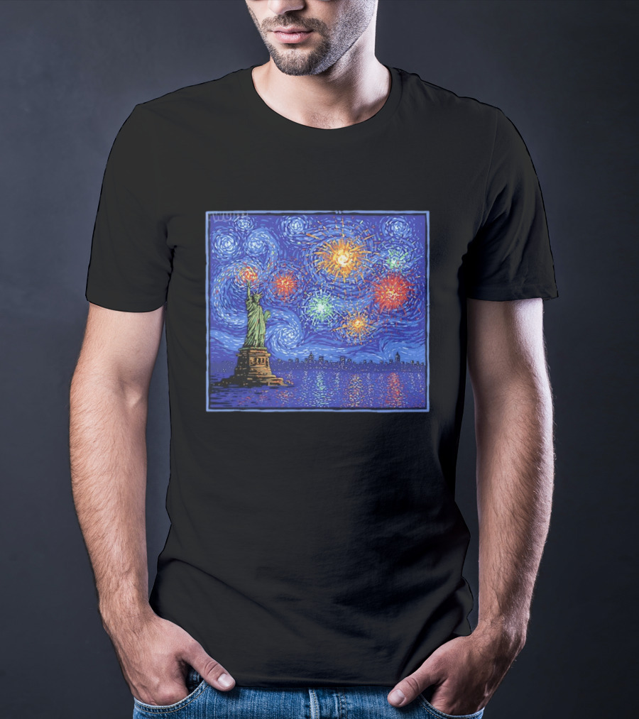 Fireworks Over Statue Of Liberty In Van Gogh Starry Night T-Shirt
