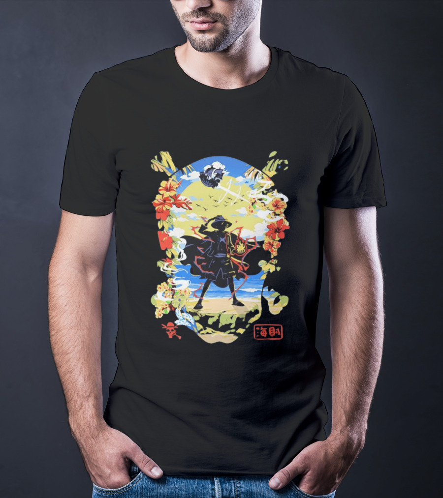 Monkey D Luffy One Piece Hat Pirate Beach Scene Floral Surrounding T-Shirt
