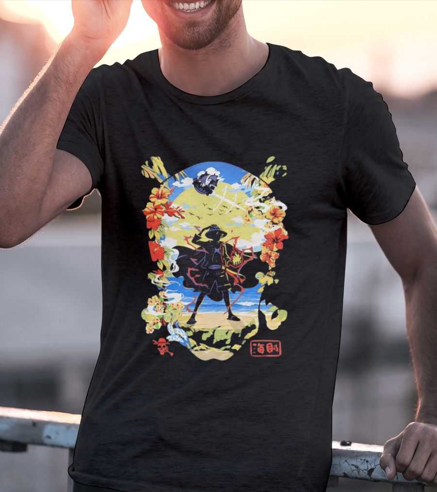 Monkey D Luffy One Piece Hat Pirate Beach Scene Floral Surrounding T-Shirt
