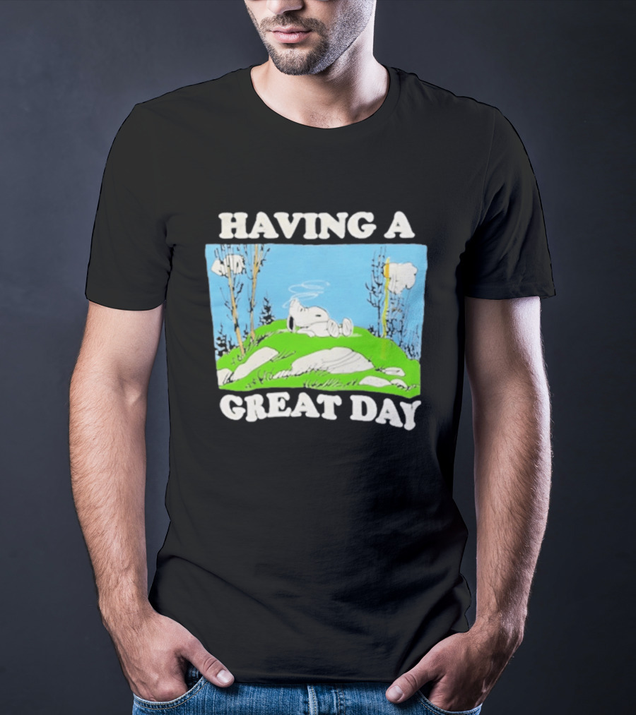Snoopy Having A Great Day Relaxing On The Green Hill With Blue Sky And Clouds T-Shirt