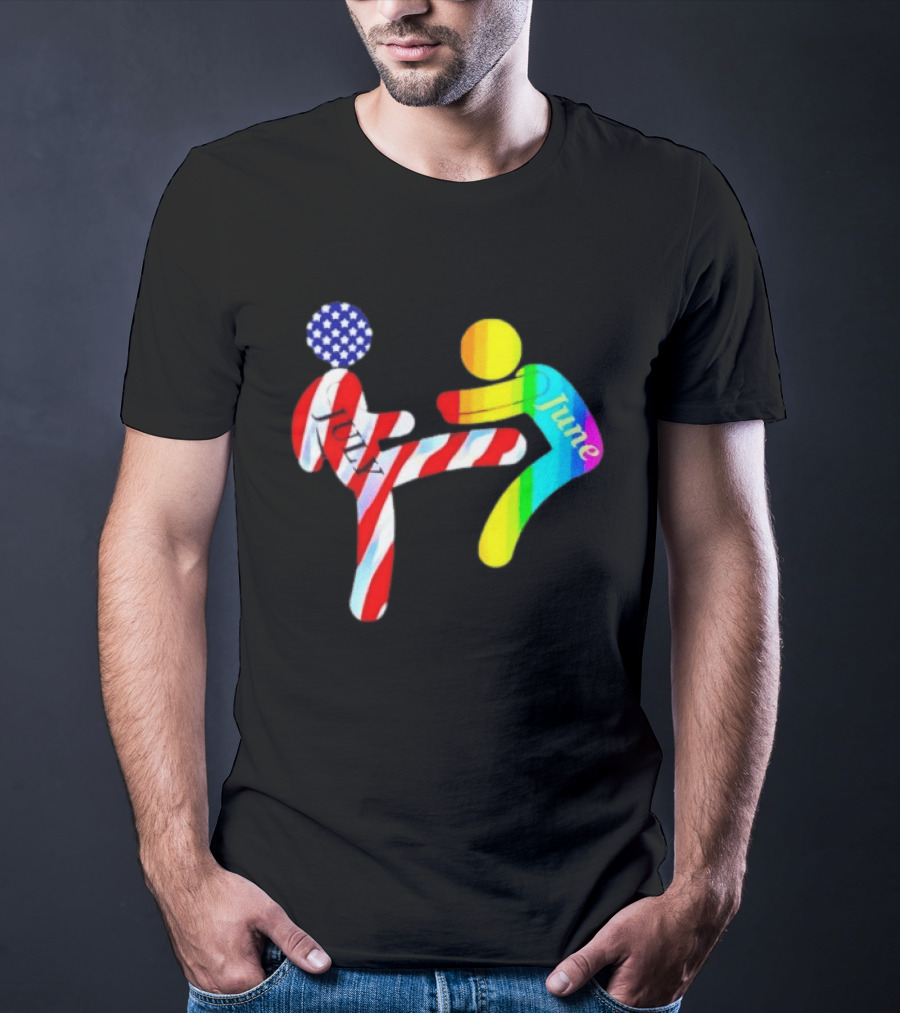 July Independence Kick With June Pride Month Rainbow Flag USA Stars And Stripes T-Shirt