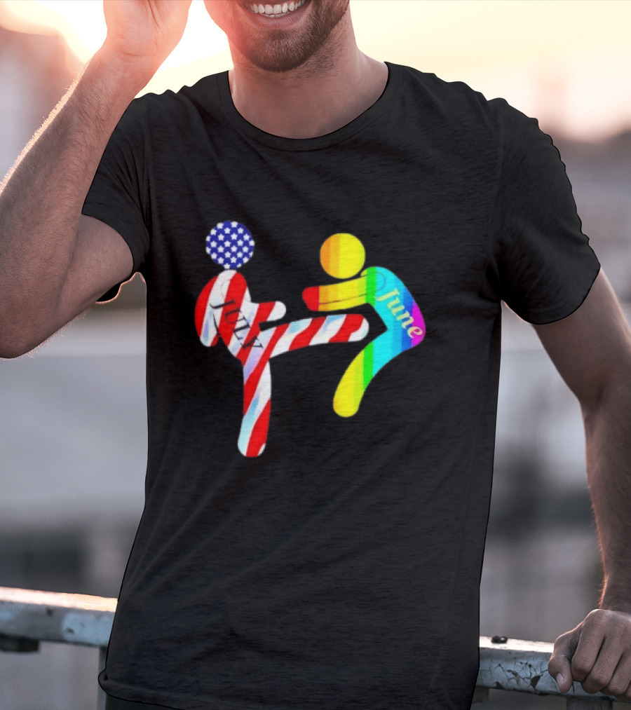 July Independence Kick With June Pride Month Rainbow Flag USA Stars And Stripes T-Shirt