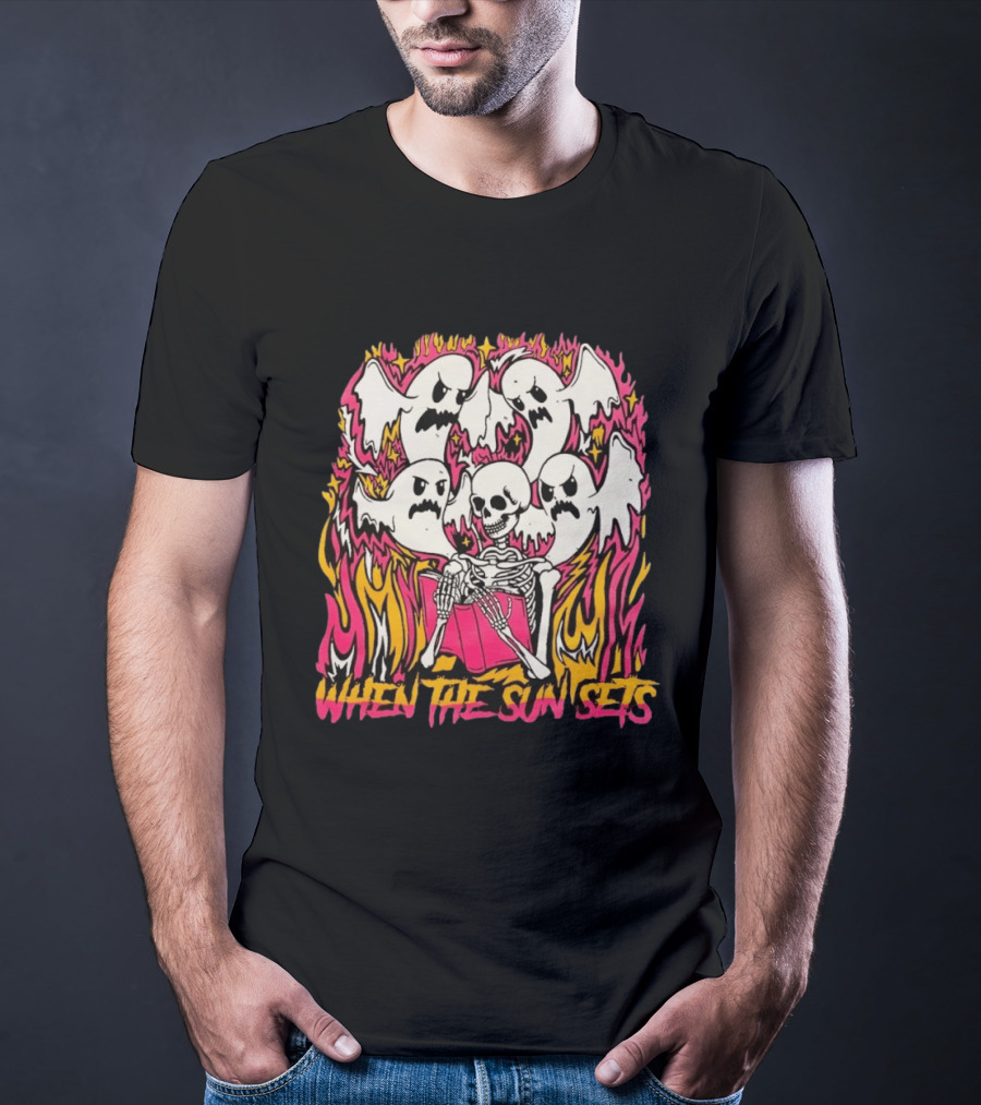 When The Sun Sets Ghost And Skeleton Illustration With Vibrant Pink And Yellow Flames T-Shirt