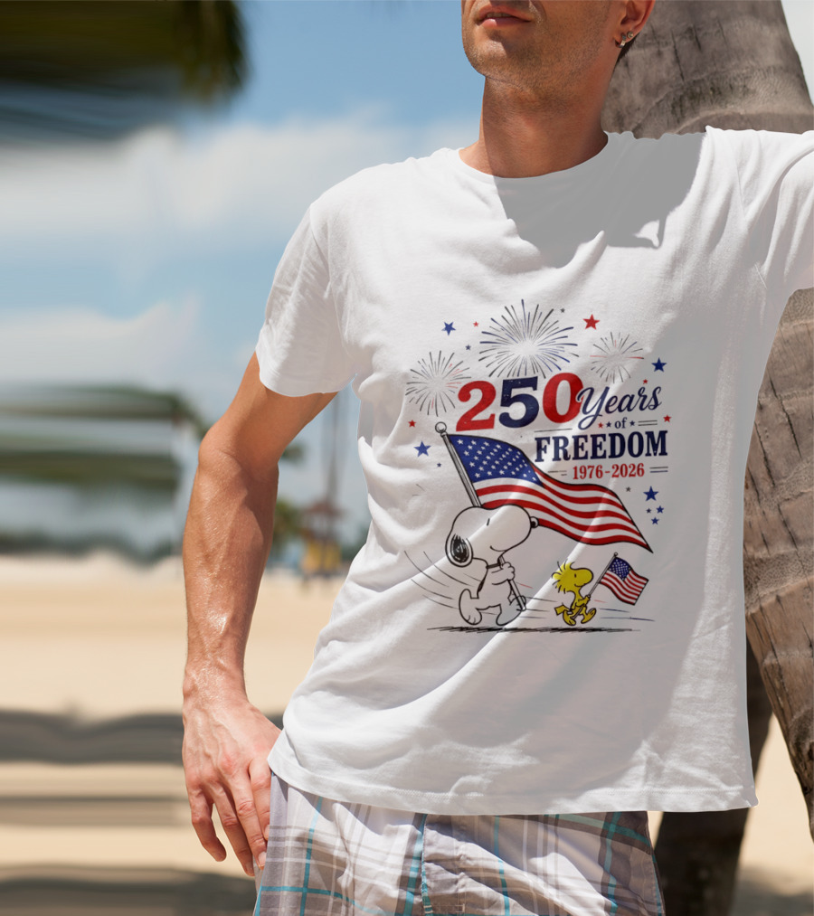 Snoopy Woodstock 250 Years Of Freedom 1776 2026 American Flag Fireworks Independence T-Shirt