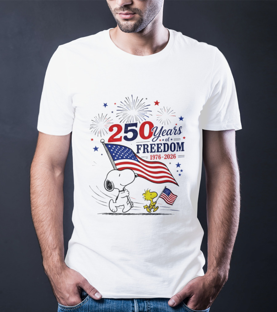 Snoopy Woodstock 250 Years Of Freedom 1776 2026 American Flag Fireworks Independence T-Shirt