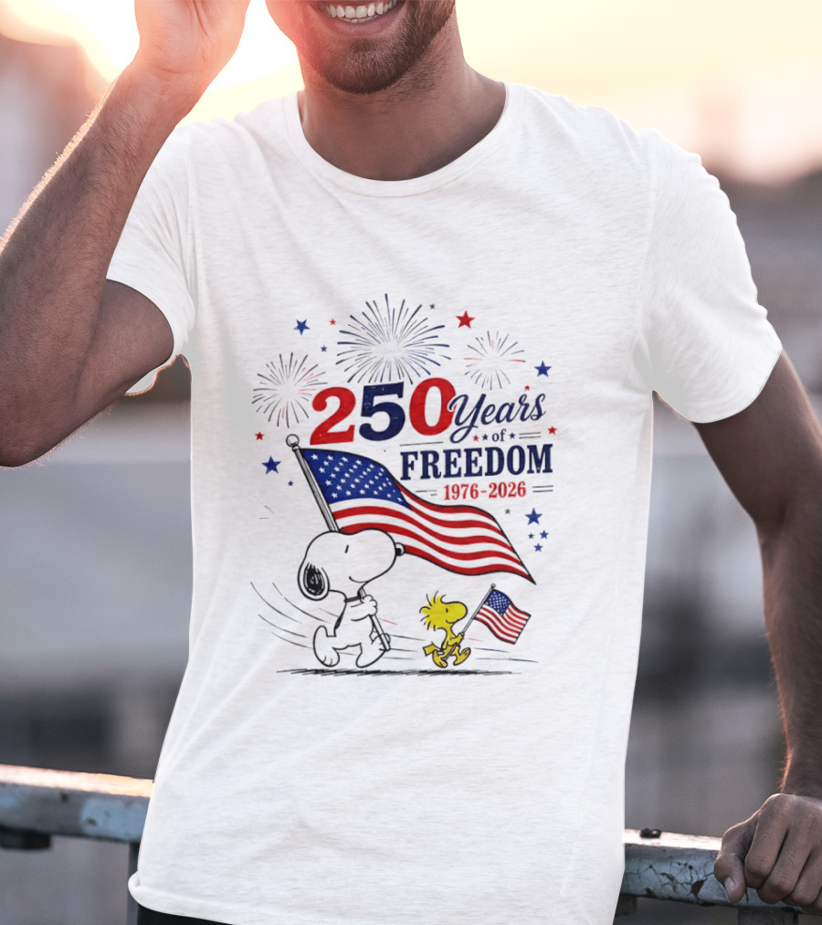 Snoopy Woodstock 250 Years Of Freedom 1776 2026 American Flag Fireworks Independence T-Shirt