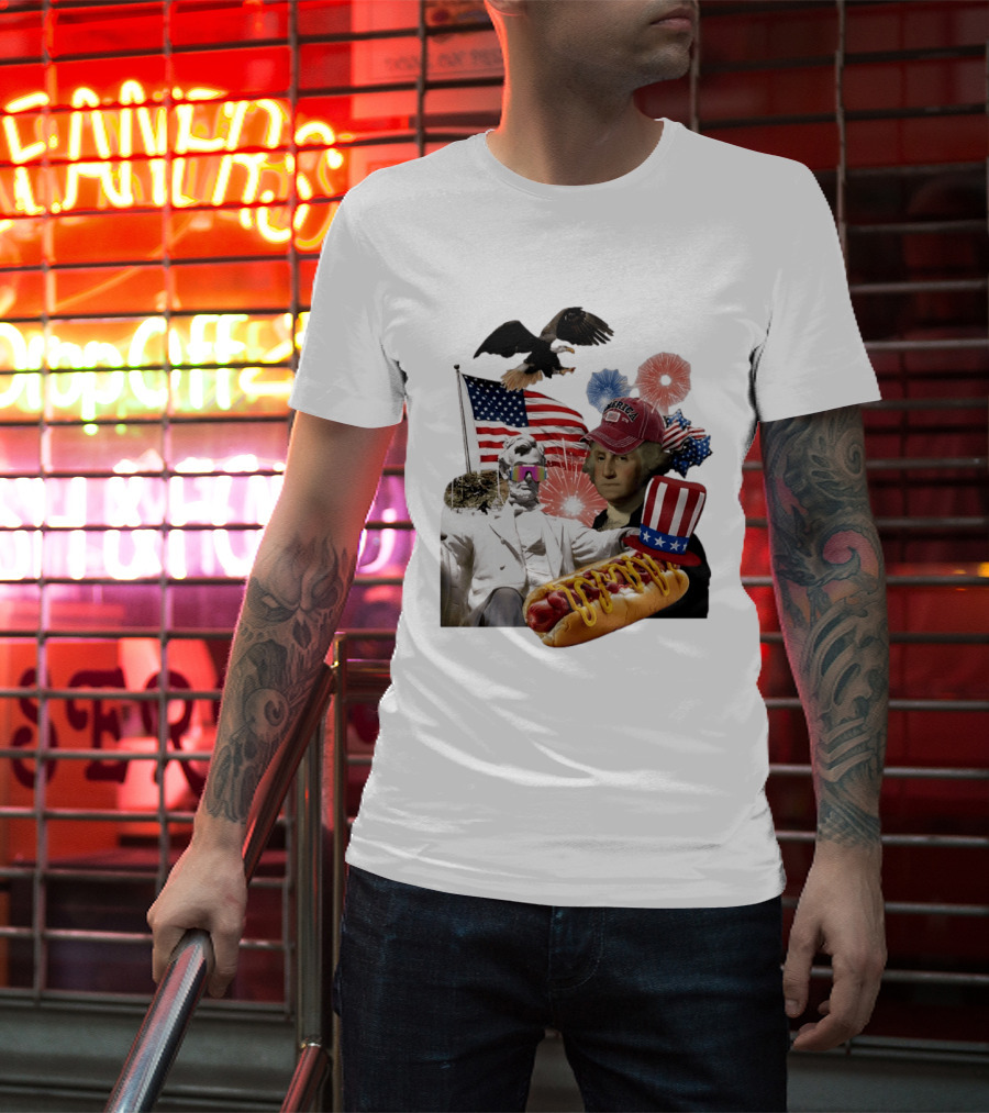 Merica Abraham Lincoln George Washington Hot Dog Eagle Fireworks Patriotic Celebration T-Shirt