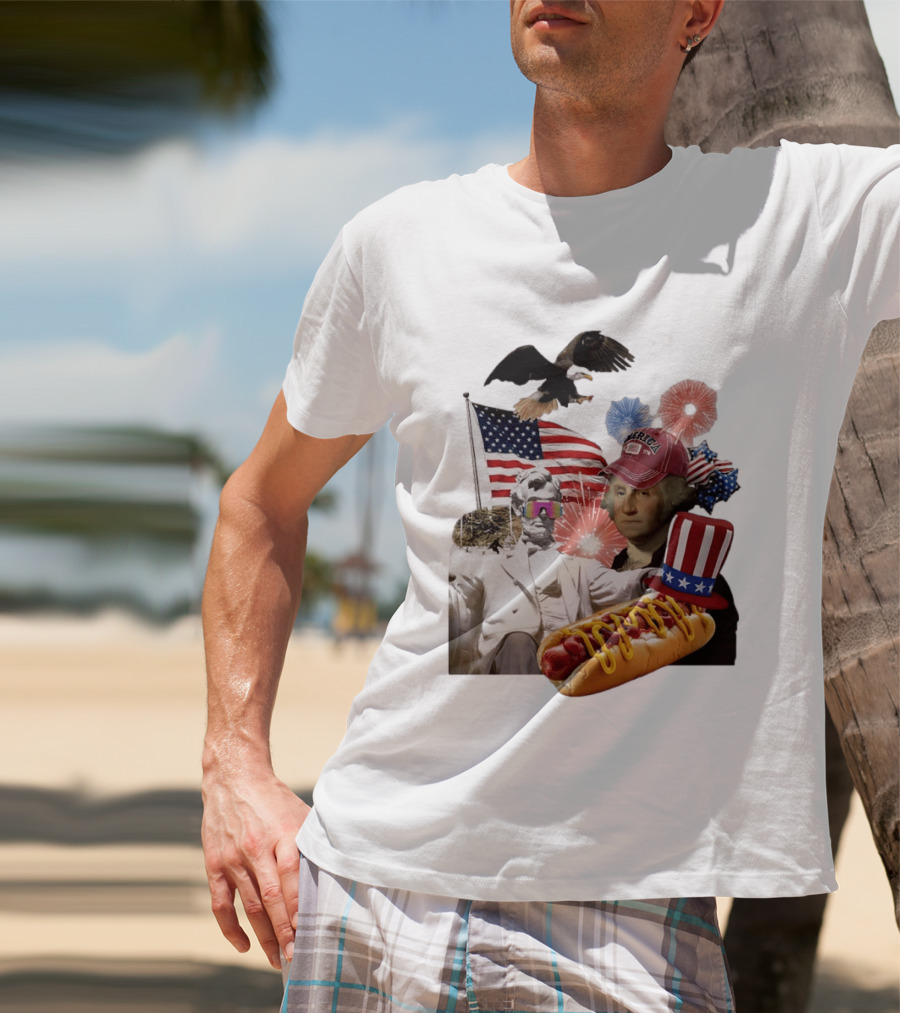 Merica Abraham Lincoln George Washington Hot Dog Eagle Fireworks Patriotic Celebration T-Shirt
