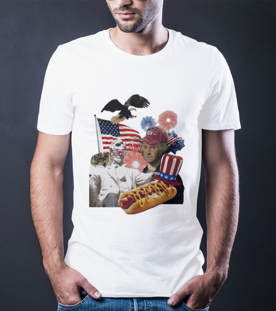 Merica Abraham Lincoln George Washington Hot Dog Eagle Fireworks Patriotic Celebration T-Shirt