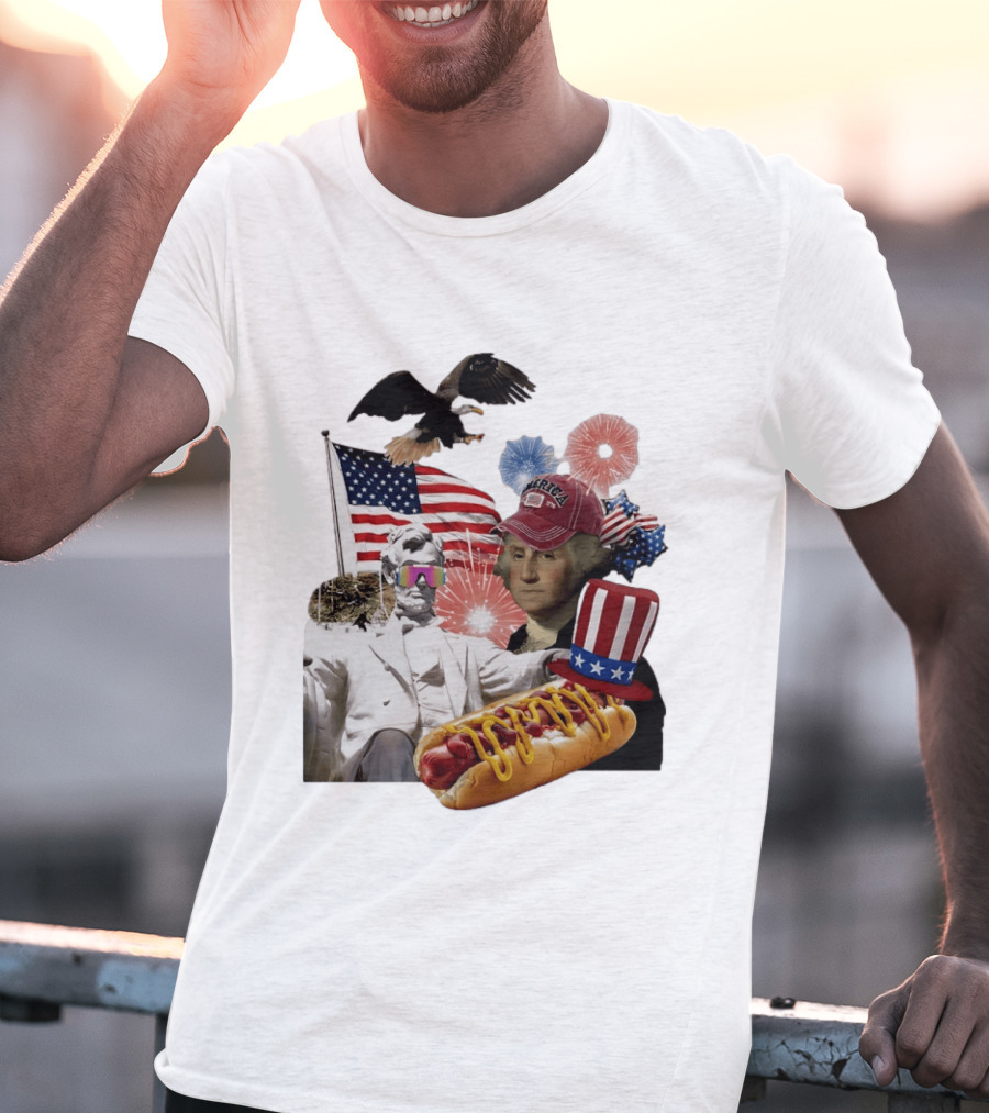 Merica Abraham Lincoln George Washington Hot Dog Eagle Fireworks Patriotic Celebration T-Shirt