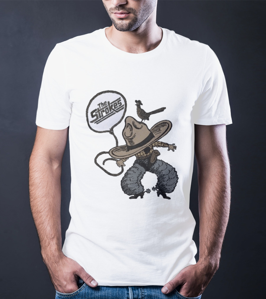 The Strokes Tour 2026 Illustrated Cowboy Holding Lasso With Bird And Cowboy Hat T-Shirt