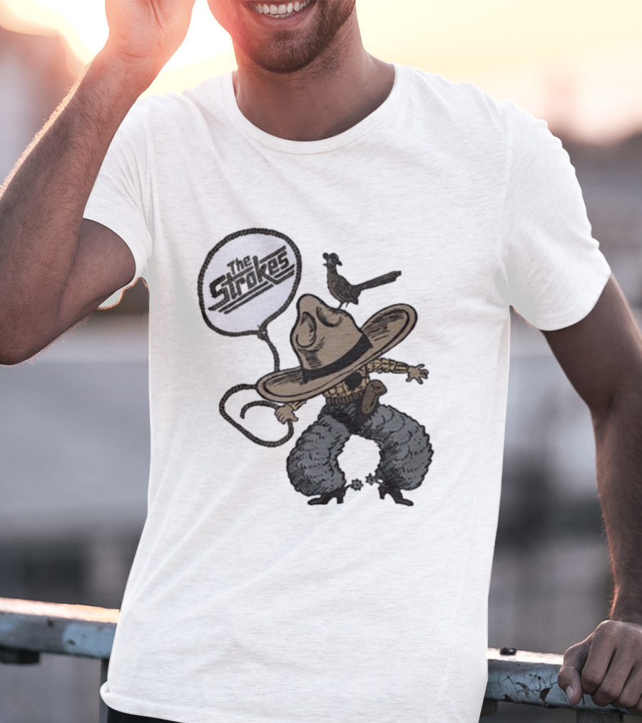 The Strokes Tour 2026 Illustrated Cowboy Holding Lasso With Bird And Cowboy Hat T-Shirt